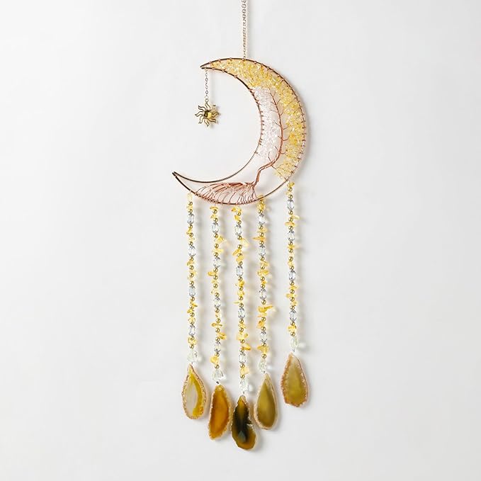Agate Gemstone Dream Catcher 7 Chakra Tree of Life Dream Catcher with Rainbow Crystal Stones Handmade Dreamcatcher Wall Decor for Adults Boys Girls,Bedroom,Wedding,Garden,Bless Gift(Gold Moon)