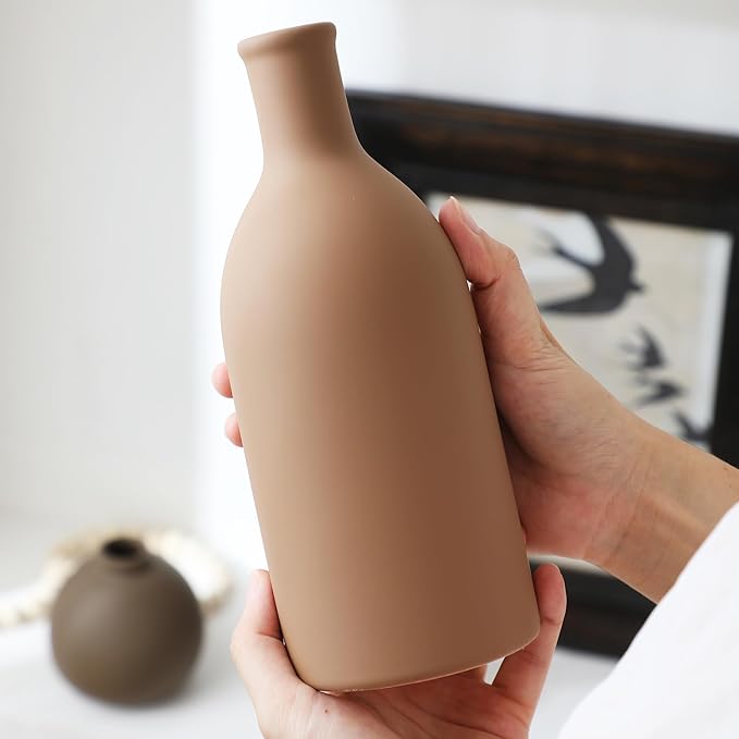 Ceramic Vase Set of 3, Vases Home Decor Rustic Farmhouse Decorative Vase Pottery Vases for Bouquet Pampas Grass Dried Fresh Flowers, Table Living Room Kitchen Bedroom Bathroom - Brown