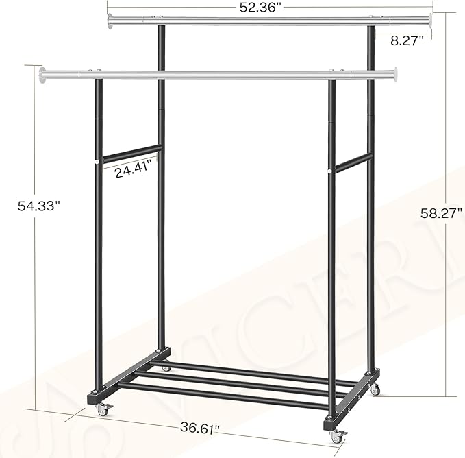 Clothes Rack, Double Clothing Rack with Wheels and Extra Wide Bottom Shelf, 52.36’’ Heavy Duty Garment Racks for Hanging Clothes, Coats, Shirts, Skirts, Dresses, 130LB Capacity, Black