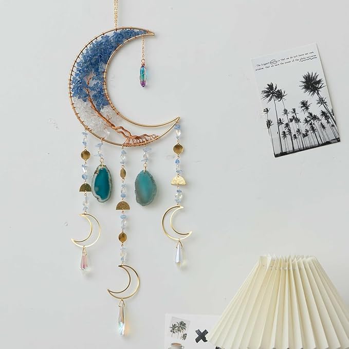 Agate Moon Dream Catchers with Crystal 7 Chakra Gemstone Dream Catchers Color Natural Gem Agate Wall Hangings Room Garden Dreamcatchers Decor (Blue)