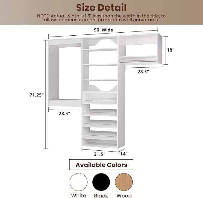 ROOMTEC Modular Closet System, 90" Wall Mounted Modern Closet Organizer with Hanging Rods and Shoe Shelf, Wooden Tower for Walk-In Closets, Wardrobe Storage Kit, White