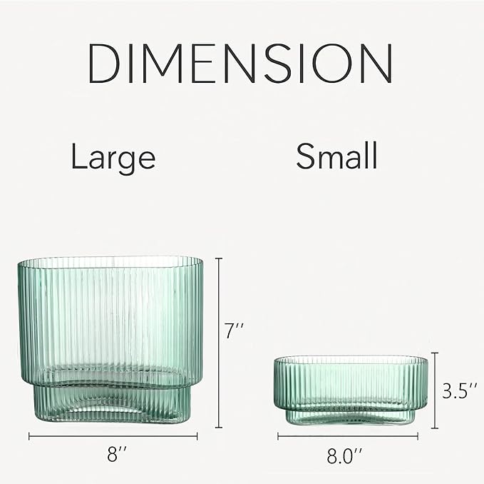 Short Glass Vases, Set of 2 Green Glass Vases for Tulips, Ribbed Vase for Flowers, Modern Small Vase for Living Room, Dining Room, Bathroom, Desk, Shelf, Wedding, Office