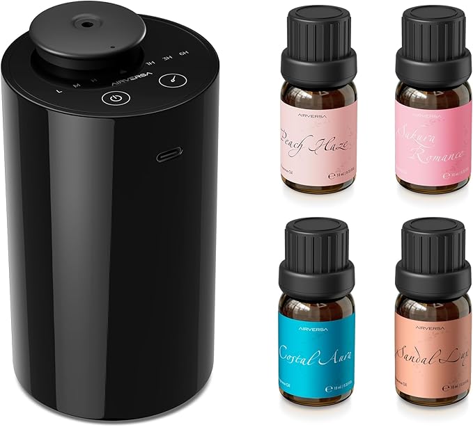 Airversa Waterless Essential Oil Diffuser Starter Kit with 4 x 10mL Fragrance Scent Oil, Battery Operated Mini Scent Air Machine Portable Diffuser for Home Car Office, AN6 Black Kit01