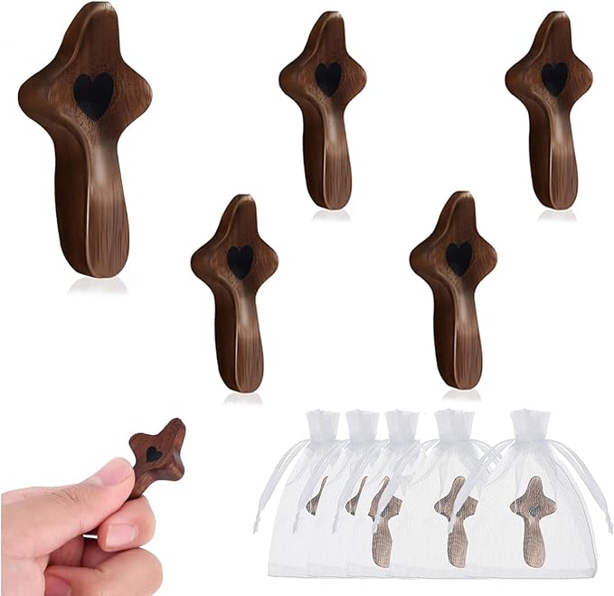 zyphonic Pocket Wooden Cross, Black Walnut with Heart Design, Religious Comfort Gift with Organza Bags Christian Encouragement Gift Handheld Stress Relief (5)