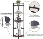 FATORRI Rustic Tall Corner Shelf, 5 Tier Industrial Corner Bookshelf for Living Room, Dark Wood and Metal Corner Plant Stand for Home Office (Walnut Brown)