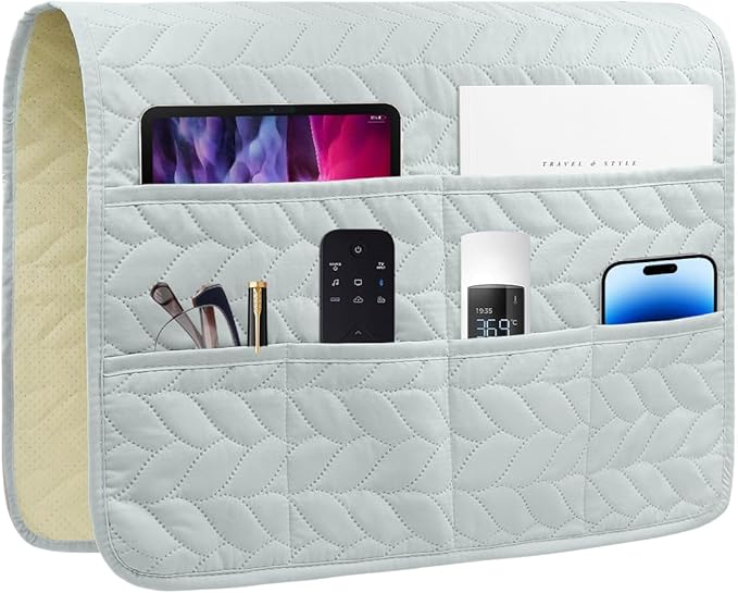 Sofa Armrest Organizer Arm Chair Caddy for Recliner, Remote Control Holder for Recliner, Non-Slip Armchair Caddy with 6 Pockets Storage for Magazine, Tablet, Phone, Light Grey