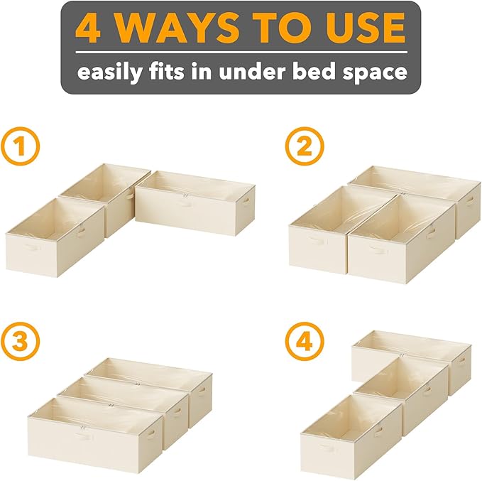SpaceAid 3 Pack 10" High Under Bed Storage Containers, Large Underbed Storage Organizer Bins with Lids for Bedroom, Dorm, Clothes, Closet Organization, Bed Sheets and Blankets (Beige)