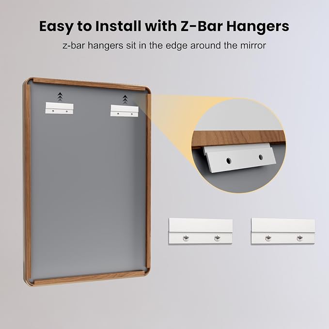 LOAAO 50X30 Inch Bathroom Mirror with Wood Grain Colored Metal Frame, Rounded Rectangle Metal Framed Bathroom Mirror, Anti-Rust, Hangs Horizontally or Vertically, Tempered Glass