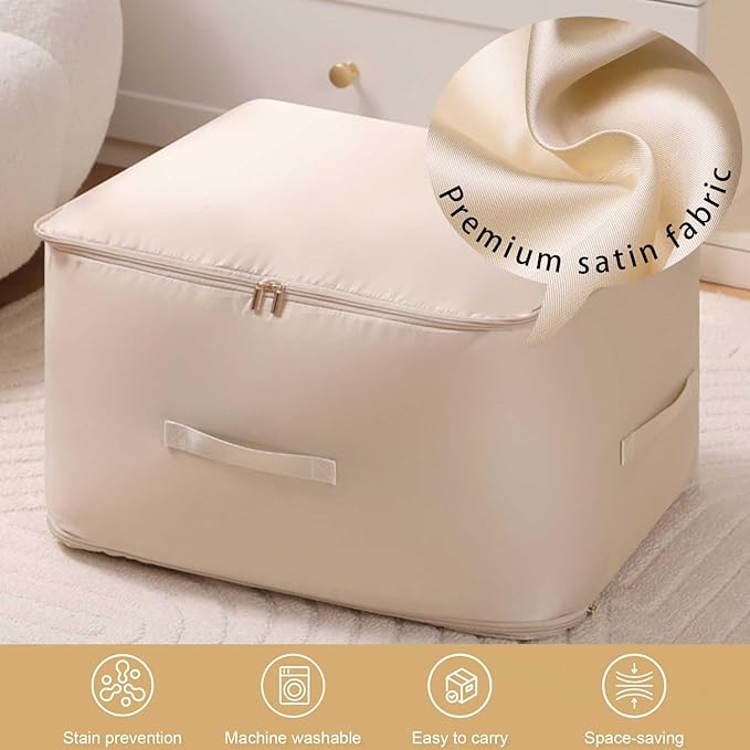 Ultra Space Saving Self Compression Organizer, 3-Layer Zipper Large Capacity Storage Bag, Thick Satin Fabric Heavy Duty Bags for Comforters Blankets Bedding Duvet (Beige, X-Large, 21x17x24in)