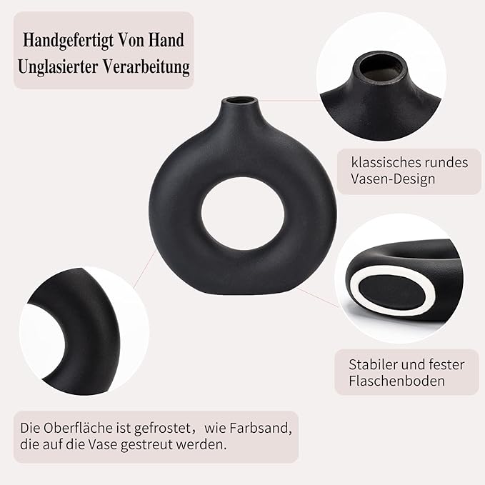 CEMABT Black Donut Vase Hollow Ceramic Vase for Flowers Handmade Minimalist Boho ins Style Modern Home Decor for Wedding Dinner Table Party Living Room Office Bedroom（M