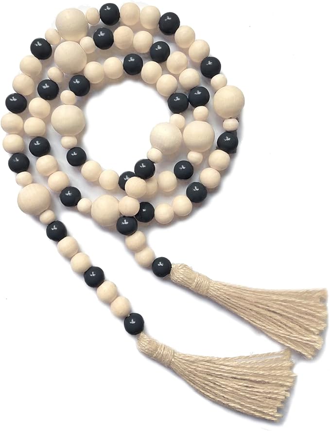 OMISHE Wood Bead Garland with Tassels 61 Inches, Boho Farmhouse Wooden Decorative Beads for Home Tiered Tray Decor, Beige Black