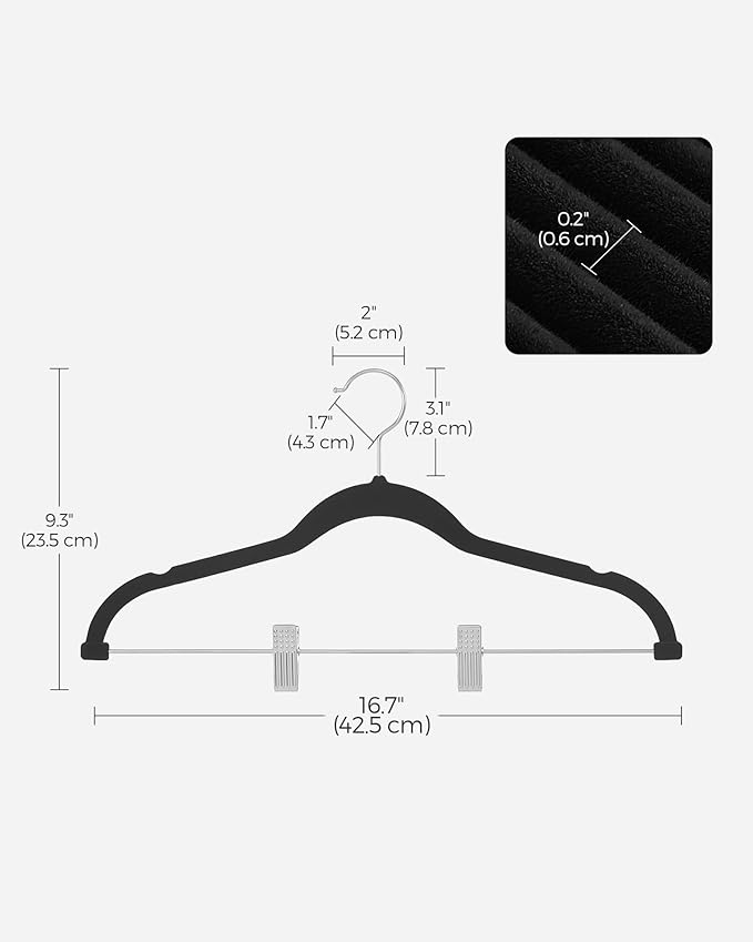 SONGMICS 20-Pack Pants Hangers, 16.7-Inch Long Velvet Hangers with Adjustable Clips, Heavy-Duty, Non-Slip Skirt Hangers, Space-Saving for Pants, Skirts, Coats, Dresses, Black UCRF012B20