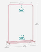 SONGMICS Clothes Rack with Wheels, Clothing Rack for Hanging Clothes, 25.4mm Metal Garment Rack with Dense Mesh Storage Shelf, 110 lb Load Capacity, 2 Brakes, Pink UHSR025P01