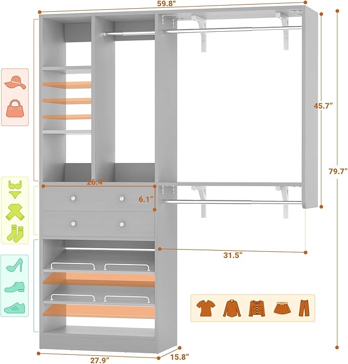Closet System - 5FT Small Closet System with Drawers, 60" Closet Organizer System with Reversible Hanging Shelving, Closet Systems for Small/Walk-in Closets, Morandi Grey