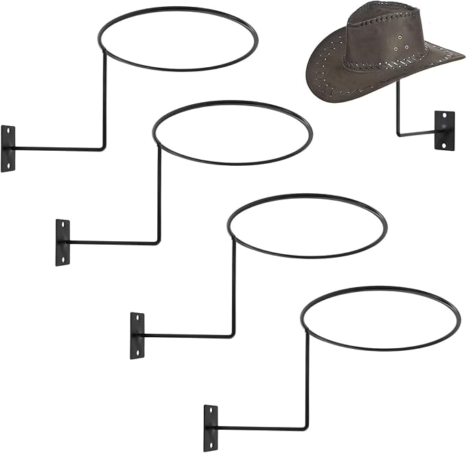 Pack of 4 Metal Hat Holder Wall Mounted Cowboy Hat Rack Hat Hanger for Wall Display, Cowboy Hat Holder Organizer Multifunctional Organizer Display Rack for Cowboy Hat, Cap, Wigs (Black)
