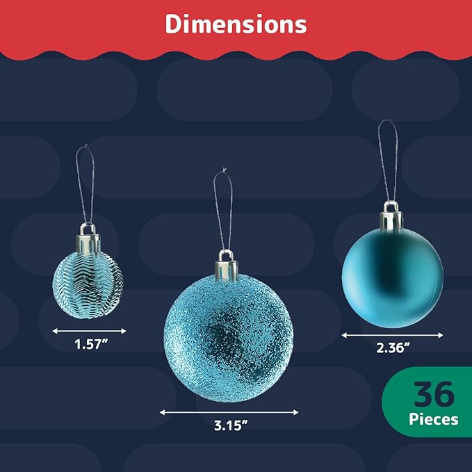 Prextex 36 Piece Christmas Ornaments Set - Acid Blue Christmas Tree Decorations - Shatterproof Ball Ornaments in Small, Medium, and Large Sizes - Durable Holiday Decor for Indoor and Outdoor Use