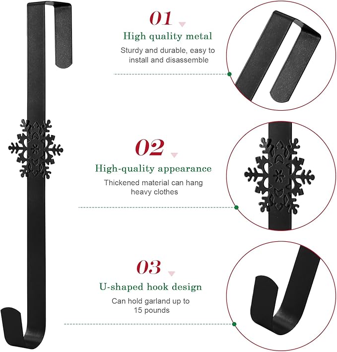 Wreath Hangers for Front Door,15" Sturdy Metal Wreath Doors Hangers,Over The Door Hooks for Front Porch Decor,Garland Hooks Holders for Halloween Christmas Decorations (Black Snowflakes, 2 Pack)
