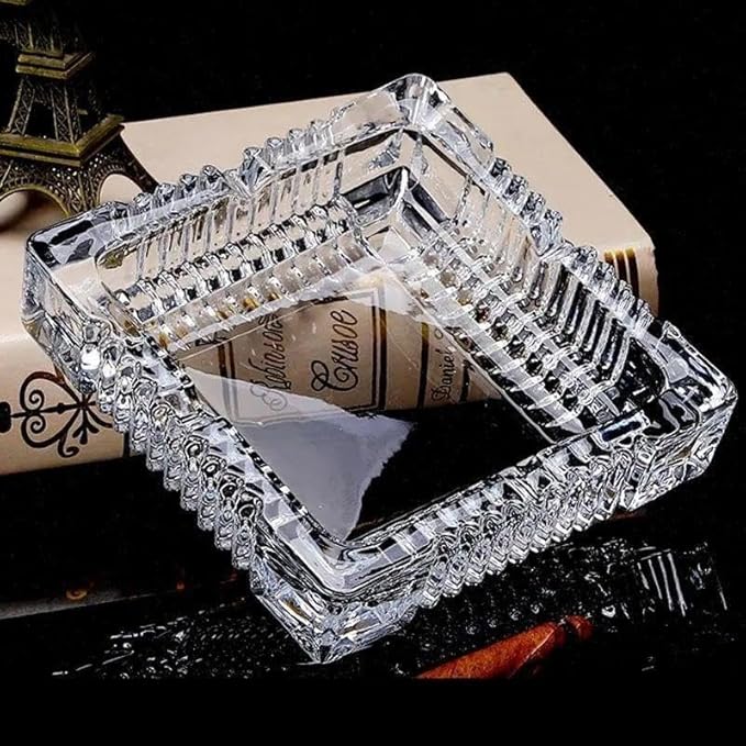 Handmade Glass Ashtray, Ashtray Ash Holder for Indoor or Outdoor Patio Desktop Office Smokers, Ash Tray for Tabletop Home Office Decor (Crystal, XL)