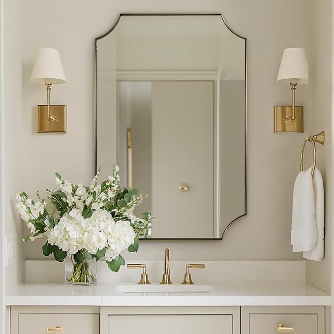 ANDY STAR Gold Vanity Mirror, 24x32 Inch Scalloped Mirror for Bathroom, Brushed Gold Mirror in Anti-Rust Stainless Steel Metal 1" Frame, Antique Scalloped Edge Design, Ideal for Home Remodel
