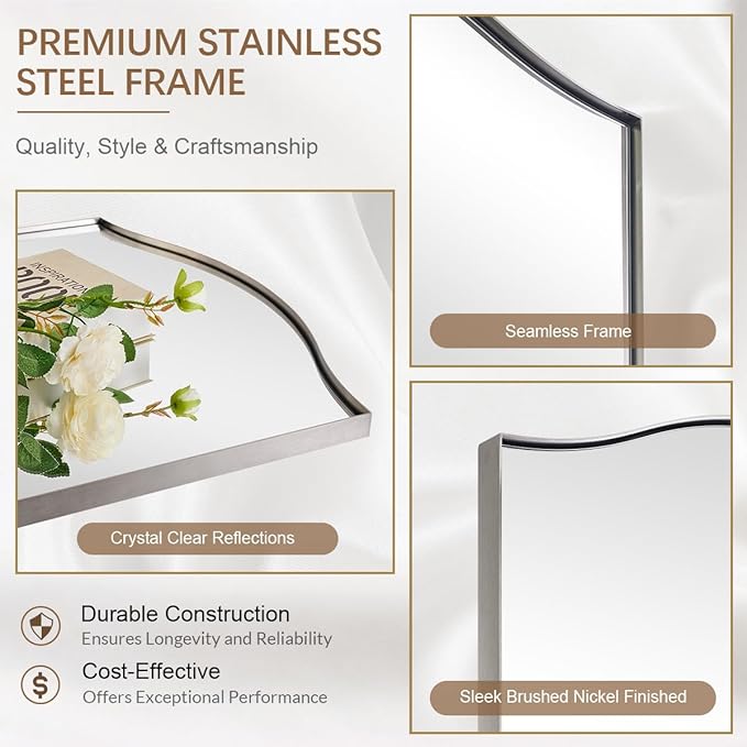 ANDY STAR 30"x48" Scalloped Mirror，Brushed Nickel Rectangle Bathroom Mirror with Curved Edge Stainless Steel Metal Frame, Large Wall-Mounted Mirror for Bathroom, Entryway (Horizontal/Vertical)