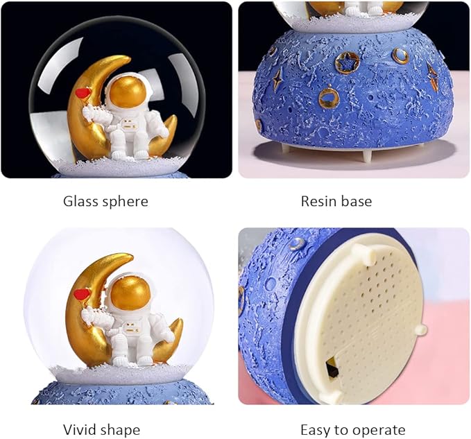 Astronaut Snow Globe Music Box, 80MM Musical Glitter Snow Globe with Color Changing LED Lights, Home Decor Birthday Gifts for Men Women Boys and Girls (Gold)