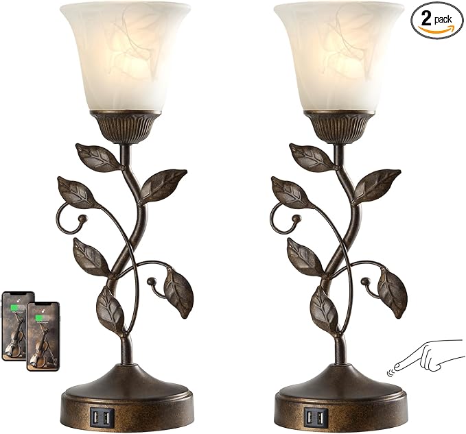 Set of 2 Touch Farmhouse Bedroom Table Lamps 2 USB C+A | Nightstand Vintage Flower Lamps, 3 Way Dimmable Leaf Lamp for Living Room with White Glass Shades, Bulbs Included