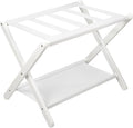 VASMIA Luggage Rack, Folding Suitcase Stand with Storage Shelf,Bamboo Luggage Stand for Guest Room,Bedroon and Hotel,Holds up to 131 lb,Fit Most Luggage Size,White