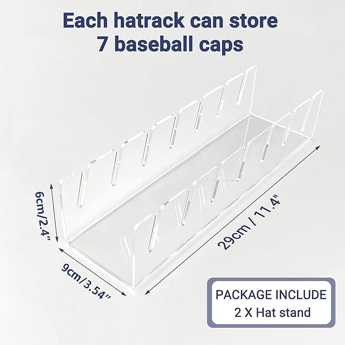 Hat Organizer for Baseball Caps, 2 Pcs No Install Acrylic Hat Stand for 14 Baseball Caps, Hat Racks for Caps Display and Organizer for Bedroom, Closet, Dresser, Office, Hat Holder