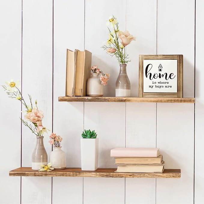 Farmhouse Home Signs, Box Sign Wood Desk Sign Decor, Wood Decoration for Living Room, Shelf Decor, Gift for Boy Mom, Housewarming Gift, Home is Where My Boys are Sign 5.9×5.9 inches