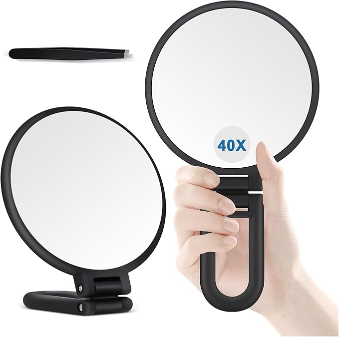 B Beauty Planet 40X Magnifying Mirror, Hand Mirror for Makeup, Double Sided with 40X/1X Magnification, Travel Essential, Portable Foldable for Desktop and Bathroom, Gift for Women, Black
