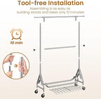 Double Rods Clothing Rack, Heavy Duty Clothes Rack for Hanging Clothes Load 560LBS, Metal Rolling Garment Racks with Wheels, Freestanding Clothes Hanging Racks, Silver