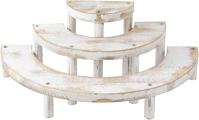 MyGift 3 Tier Wooden Display Riser Stand, Cupcake Stand & Perfume Organizer, Rustic Whitewashed Tiered Display Shelf for Desserts, Nail Polish, Makeup, Plants & Collectibles
