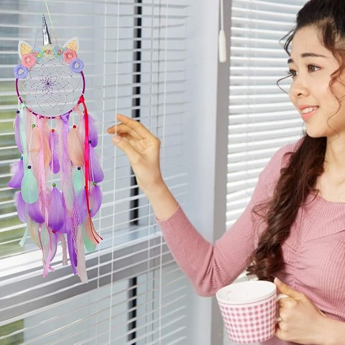 LED Lighted Up Unicorn Dream Catcher Wall Decor Colorful Feather Dreamcather Wall Hanging for Girls Kids Bedroom Decoration (Purple with Light)