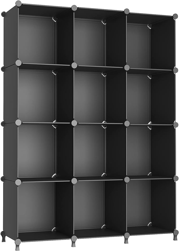 AWTATOS Cube Storage Organizer Closet Storage Shelves DIY Stackable Plastic Storage 12 Cube Bookshelf, Ideal Storage Organizer for Closet, Home, Bedroom, Black