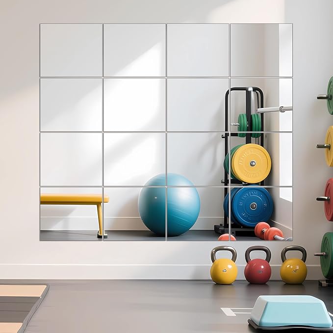 Ruomeng Home Gym Mirrors 14" x 12" x 16Pcs Wall Mounted Mirror Glass Frameless Full Length Mirror Tiles for Home Gym, Bedroom, Door & Bathroom