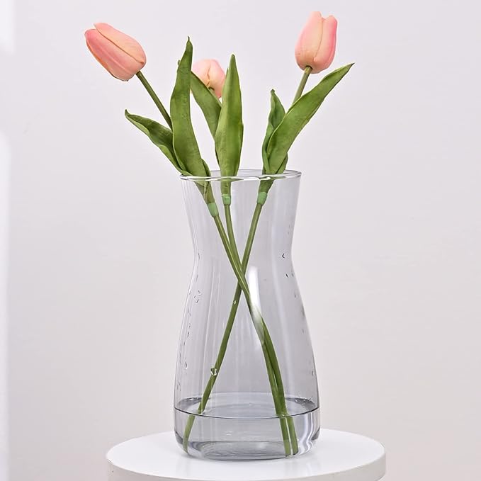 Glass Vases for Flowers, 8 Inch Tall Ins Modern Gray Crystal Clear Glass Vases for Centerpieces Home Desk Decoration, Decorative Glass Table Vase for Birthday Wedding Housewarming Gift