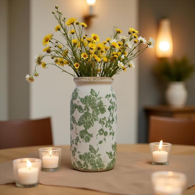 Vintage Green Floral Ceramic Vase, 8 Inch Crackle Glaze Rustic Handmade Vase, Decorative Pottery for Fresh or Dried Flowers, Farmhouse Cottage Modern Rustic Decor