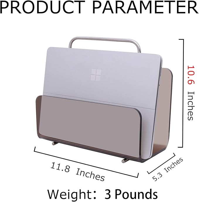 Magazine Holder, Brown Clear Acrylic with Stainless Steel Handle, Tabletop Display Stand