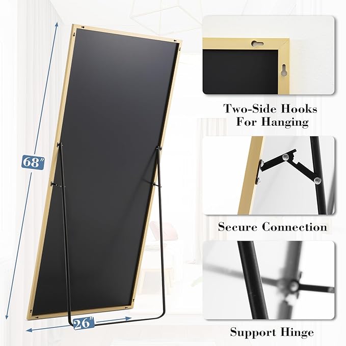 DUMOS 68"x26" Full Length Mirror, Full Body Mirror with Aluminum Alloy Thin Frame, Standing Mirrors with Leaning or Hanging, Suitable for Bedroom, Livingroom, Cloakroom, Gold