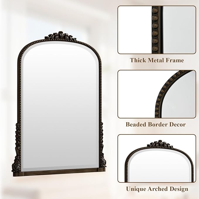 32 x 24 inch Beaded Arched Wall Mirror, Vintage Bathroom Vanity Mirror Over Sink for Entryway, Bedroom, Living Room, Bronze