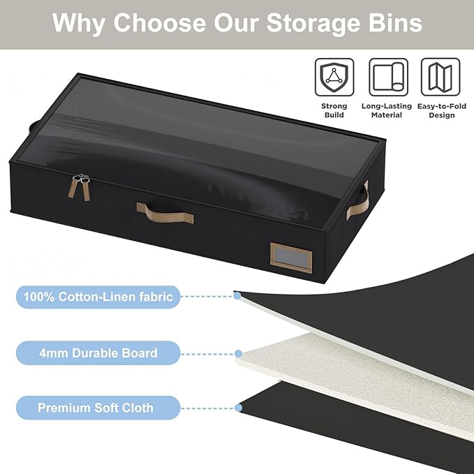 Under Bed Storage, Under Bed Storage Containers Bins for Clothes, Large Linen Underbed Closet Organization Bins, 2 Pack Collapsible Underbed Bin Dorm for Clothes, Sweater, Black
