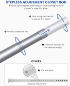 Closet Rods for Hanging Clothes, 17 to 84 Inches Stepless Adjustable Metal Closet Rod, 1.3 Inches Heavy Duty Clothes Hanging Rod for Closet Wardrobes Laundry RV, Silver