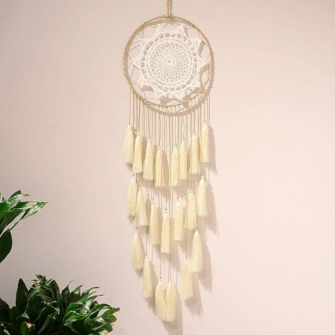 Artilady Macrame Dream Catchers for Bedroom - Tassel Wall Hanging Handmade Dreamcatchers Home Decor with Tassel Feather Ornament Craft Blessing Gift (Beige)