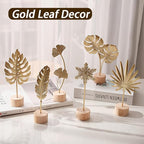 Gold Leaf Home Decor Set - Metal Leaves Statues, Modern Artistic Sculptures for Living Room, Office, Shelf & Home Decorative, Handmade 3D Botanical Accents (Sunshine, Feather, Ginkgo, 3PCS)