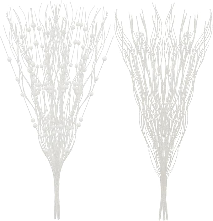 SLK 16-Pack Artificial Glitter Berry Stem Ornaments, Christmas Decorative Glittery Twigs, Picks, Branches for Tree, Wreath, Small Vase, Halloween Party (White)