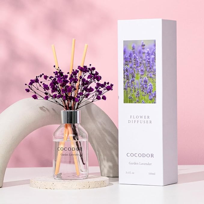 COCODOR Flower Reed Diffuser Set / 3.4oz / Garden Lavender/Scent Diffuser with Sticks Home Fragrance Reed Diffuser for Bathroom Shelf Decor
