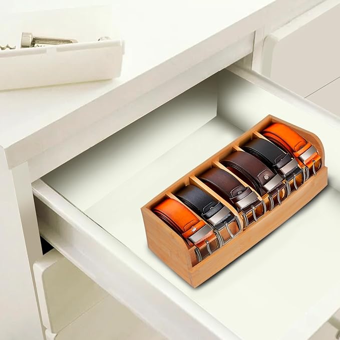 GTI Belt Organizer, 2pcs 6 Compartments Belt Organizer for Closet and Drawer, Bamboo Display Case for Tie and Belt, Belt Holder Storage Organizer for Men Women (Wooden)