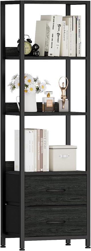 Furnulem 4-Tier Corner Shelf, Bookshelf with 2 Storage Drawers, 57.28”Tall Narrow Bookcase, Standing Shelf Organizer Unit for Living Room, Bedroom, Metal Frame, Wood Display Shelf