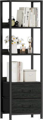 Furnulem 4-Tier Corner Shelf, Bookshelf with 2 Storage Drawers, 57.28”Tall Narrow Bookcase, Standing Shelf Organizer Unit for Living Room, Bedroom, Metal Frame, Wood Display Shelf