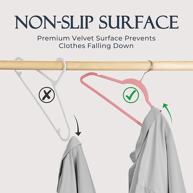HOUSE DAY Lt Pink Velvet Hangers 60 Pack, Non Slip Clothes Felt Hanger Heavy Duty for Coat, Premium Slim Space Saving Suit Hangers for Closet Organizer, 360° Rotating Silver Hook